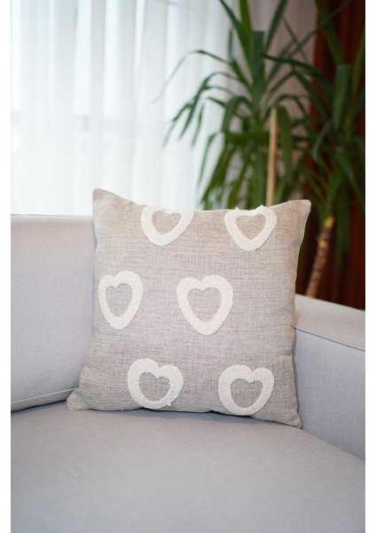 Homesepet Punch Nakışlı Keten Kırlent Kılıfı Kalp Desenli ( 2 Adet)