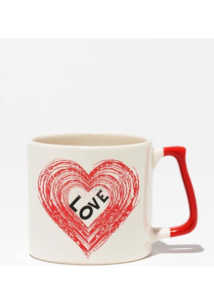 Kalpte Love Hediyelik Baskılı Kırmızı Kulplu Modern Seramik Kupa