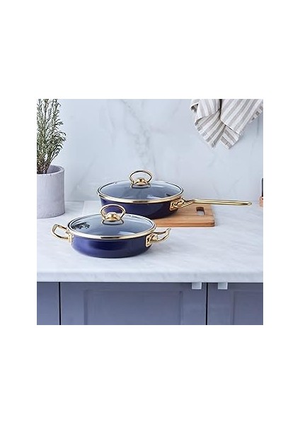 Piraye Emaye Tava-Sahan Seti Kapaklı Lacivert