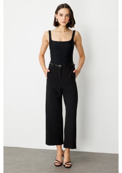 Kadın Beli Kemerli Bol Paça Pantolon 2150 Siyah