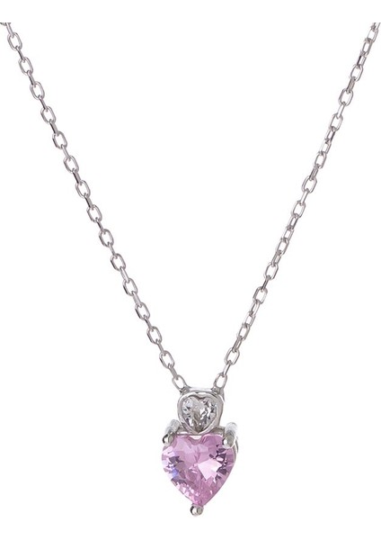 Pembe Zirkon Taşlı Kalp Model 925 Ayar Gümüş Kadın Kolye