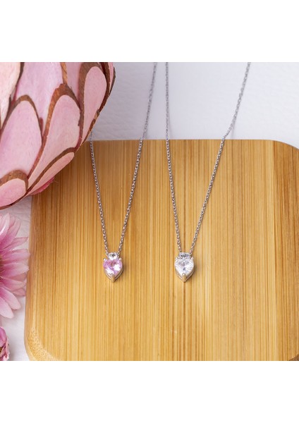 Pembe Zirkon Taşlı Kalp Model 925 Ayar Gümüş Kadın Kolye fırsatları