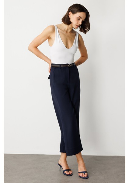 Kadın Beli Kemerli Bol Paça Pantolon 2150 Lacivert modelleri