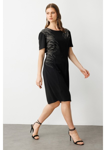 Kadın Büyük Beden Taş Işlemeli Kısa Kollu Elbise 5960 Siyah fiyatları