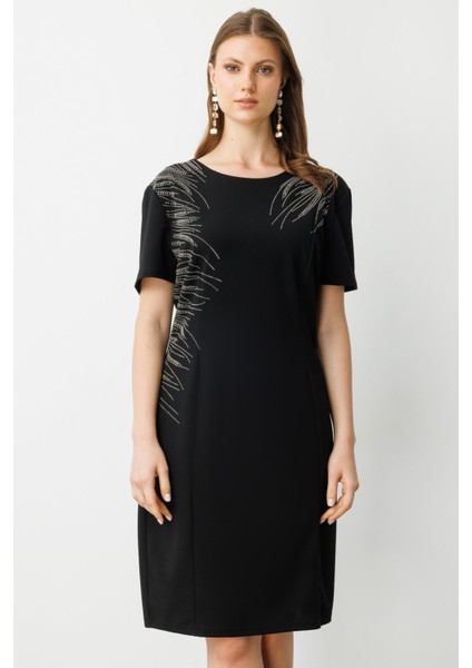 Kadın Büyük Beden Taş Işlemeli Kısa Kollu Elbise 5960 Siyah modelleri