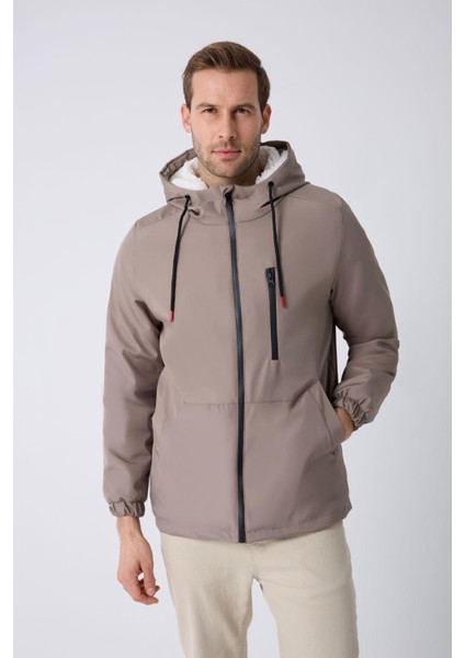 Spor Erkek Taba Kürklü Su ve Rüzgar Geçirmez Kapüşonlu Mont Parka