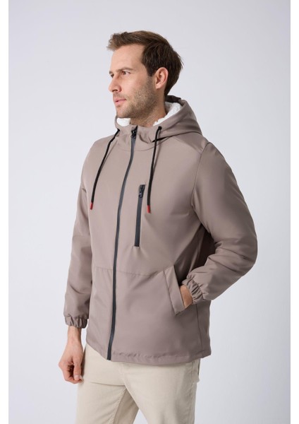 Spor Erkek Taba Kürklü Su ve Rüzgar Geçirmez Kapüşonlu Mont Parka