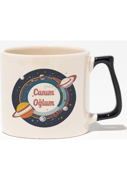 Canım Oğlum Baskılı Doğum Günü Hediyelik Baskılı Siyah Kulplu Modern Seramik Kupa