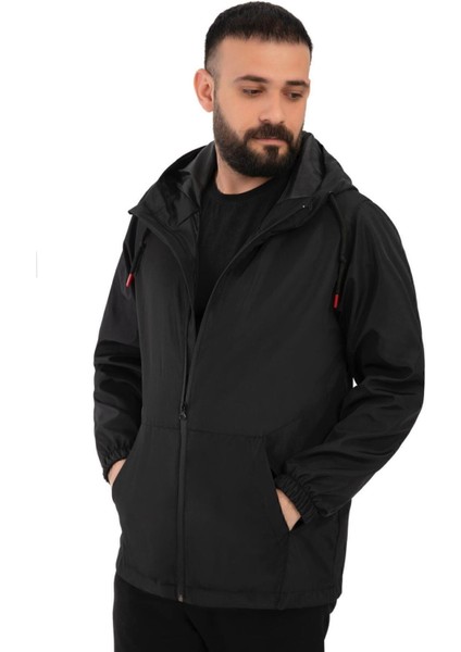Spor Erkek Astarlı Kanguru Cepli Su ve Rüzgar Geçirmez Kapüşonlu Cepli Yağmurluk