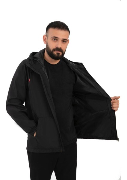 Spor Erkek Astarlı Kanguru Cepli Su ve Rüzgar Geçirmez Kapüşonlu Cepli Yağmurluk