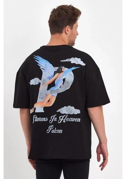 Erkek Melek Baskılı Oversize T-Shirt - Siyah modelleri