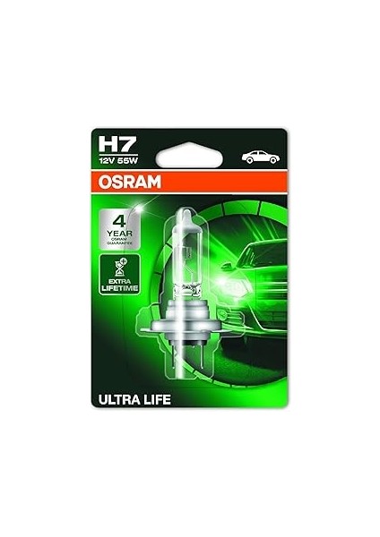 Ampul Ultra Life H7 12V 55W 4 Yıl Garantili, Daha Uzun Kullanım Süresi 64210ULT-HCB