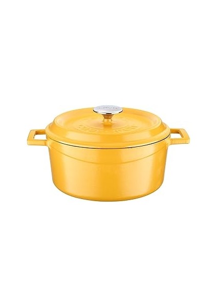 Metal Spring Serisi - Döküm Tencere, Yuvarlak, 24 Cm, Mat Emaye, Parlak Siyah Taban, Sarı
