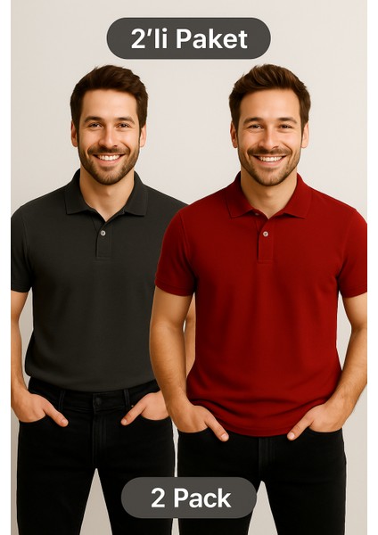 Erkek 2 Li Paket Basic Kısa Kol Bol Polo Yaka Tişört