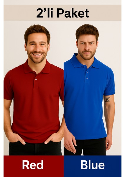 Erkek 2 Li Paket Basic Kısa Kol Bol Polo Yaka Tişört