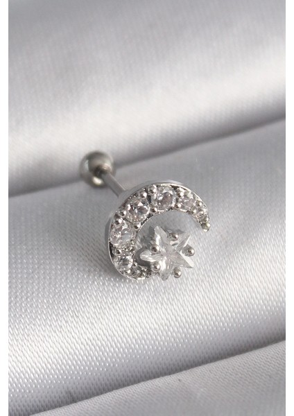 316L Çelik Gümüş Renk Zirkon Taşlı Ay Yıldız Tragus Piercing