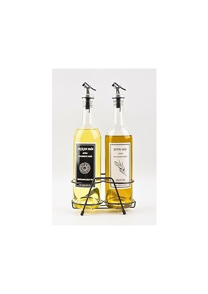 Jenisa Şeffaf 750 ml Siyah Beyaz Etiketli Siyah Standlı Akıtıcılı Yağlık Yağdanlık