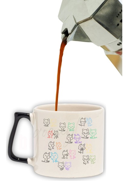 Kediler Mahallesi Baskılı Hediyelik Renkli Kulplu Modern Seramik Kupa