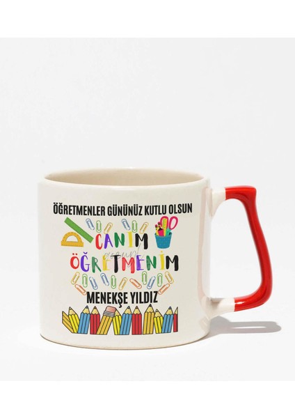 Öğretmenler Günü Baskılı | Kişiye Özel Hediyelik | Kırmızı Kulplu Modern Seramik Kupa