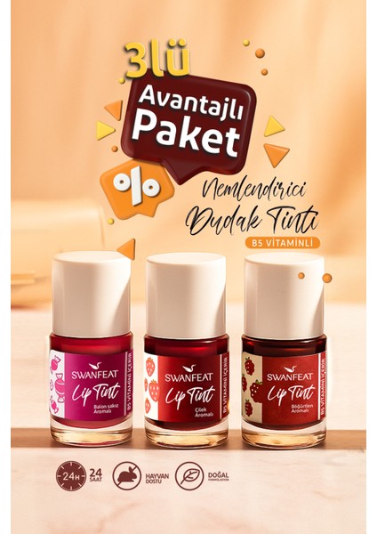 3lü Avantajlı Paket Dudak Tinti Nemlendirici Kalıcı Kırmızı, Pembe, Bordo