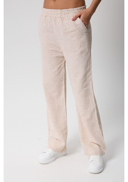 Kadın Beli Lastikli Cepli Keten Pantolon