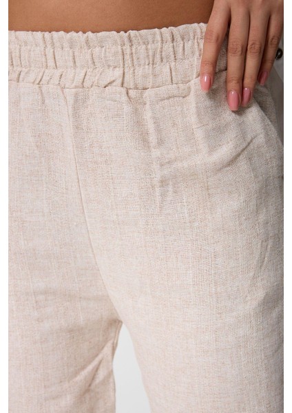 Kadın Beli Lastikli Cepli Keten Pantolon