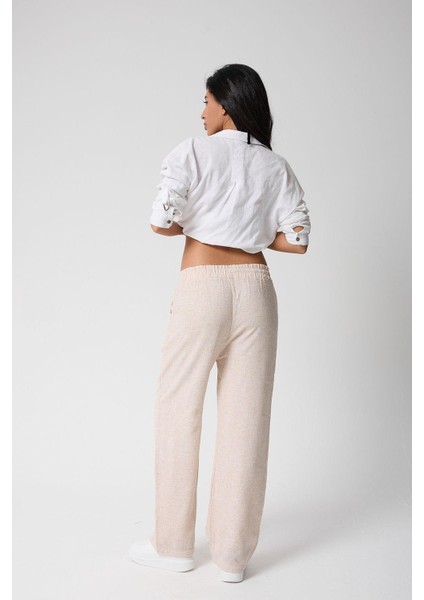 Kadın Beli Lastikli Cepli Keten Pantolon