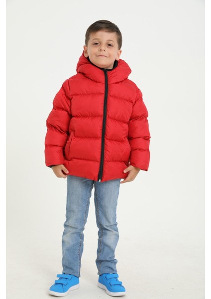 Erkek Çocuk Polarlı Kapüşonlu Su Geçirmez Rüzgara Dayanıklı Cepli Şişme Kışlık Mont
