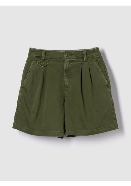 Kadın Koyu Yeşil 6" Mid Rise Twill Pileli Şort Pantolon
