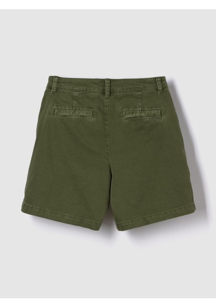 Kadın Koyu Yeşil 6" Mid Rise Twill Pileli Şort Pantolon