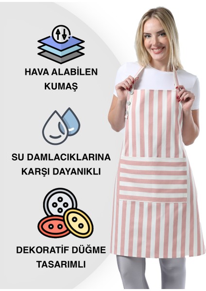 Boyun Ayarlı,su Geçirmez,cepli Şef,aşçı, Mutfak Önlüğü,cafe,barista,toz Pembe Beyaz Çizgili Önlük,kuaför,ressam ve Çiçekçi Önlükleri