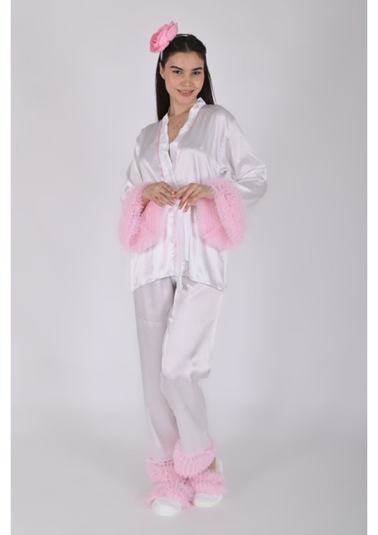 Beyaz Saten Lohusa Seti Pijama Takımı 4'lü Set – Mavi Tül Detaylı (Kimono, Alt, Taç, Terlik) fiyatları