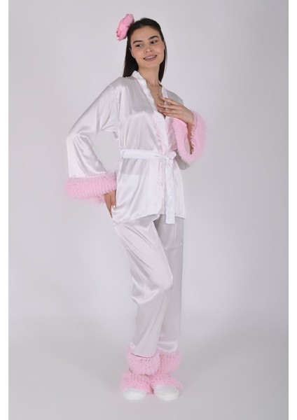 Beyaz Saten Lohusa Seti Pijama Takımı 4'lü Set – Mavi Tül Detaylı (Kimono, Alt, Taç, Terlik) modelleri