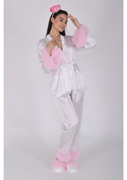 Beyaz Saten Lohusa Seti Pijama Takımı 4'lü Set – Mavi Tül Detaylı (Kimono, Alt, Taç, Terlik) fırsatları