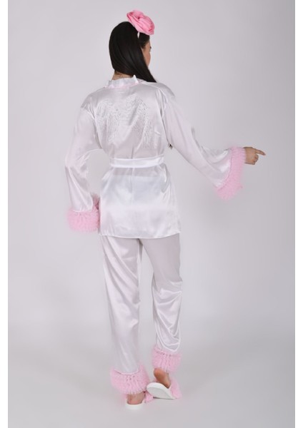 Beyaz Saten Lohusa Seti Pijama Takımı 4'lü Set – Mavi Tül Detaylı (Kimono, Alt, Taç, Terlik) indirimleri