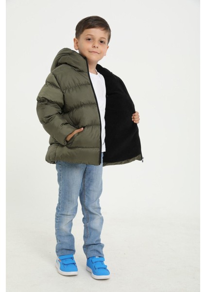 Erkek Çocuk Polarlı Kapüşonlu Su Geçirmez Rüzgara Dayanıklı Cepli Şişme Kışlık Mont