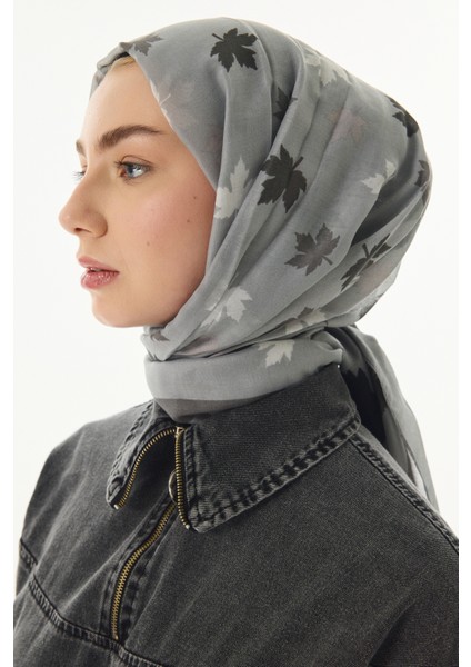 Zeta Gri Yaprak Desen Pamuklu Şal