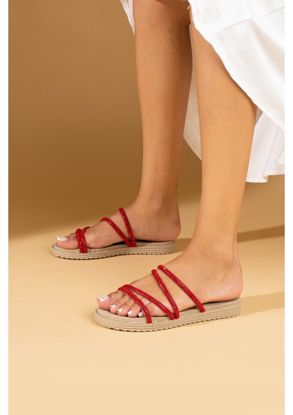 Parlak Taşlı Ince Bantlı Hasır Taban Comfort Kadın Terlik 020-760-24