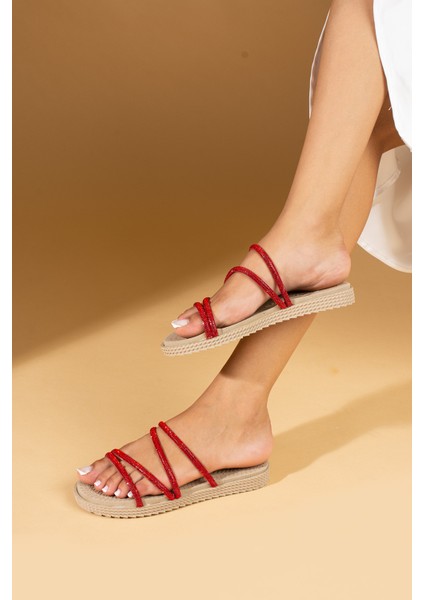 Parlak Taşlı Ince Bantlı Hasır Taban Comfort Kadın Terlik 020-760-24 fiyatları