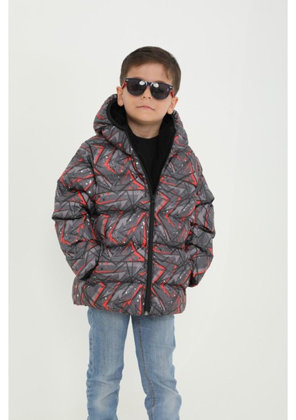 Erkek Çocuk Pusula Desen Polar Su ve Rüzgar Geçirmez Kapüşonlu Cepli Şişme Kışlık Mont