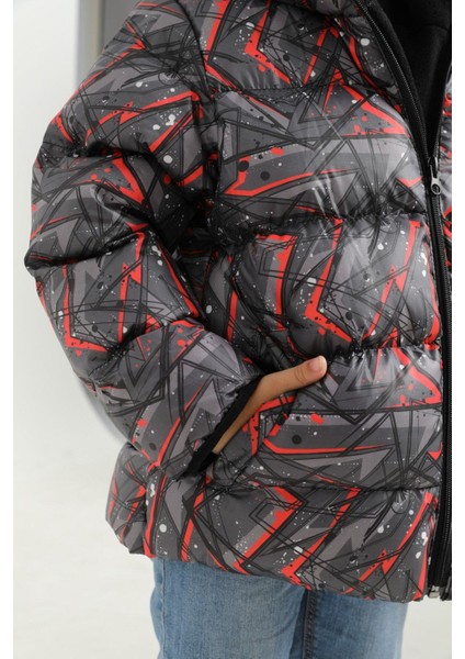 Erkek Çocuk Pusula Desen Polar Su ve Rüzgar Geçirmez Kapüşonlu Cepli Şişme Kışlık Mont modelleri