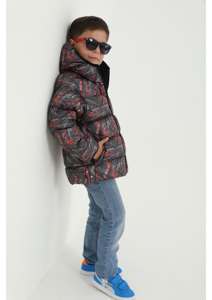 Erkek Çocuk Pusula Desen Polar Su ve Rüzgar Geçirmez Kapüşonlu Cepli Şişme Kışlık Mont indirimleri