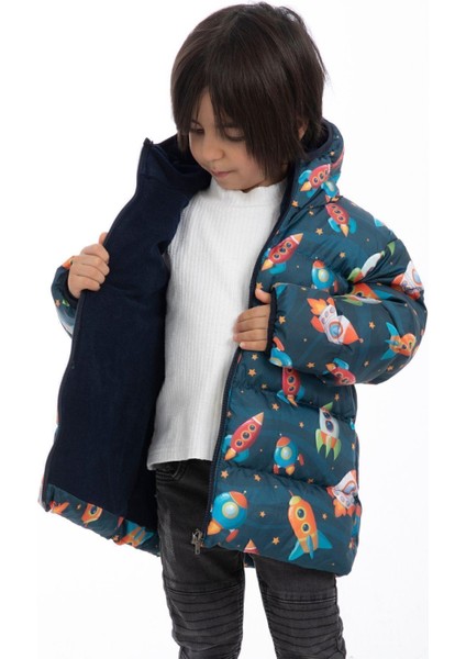 Erkek Çocuk Polarlı Kapüşonlu Roket Desenli Kışlık Şişme Mont & Kaban & Parka modelleri