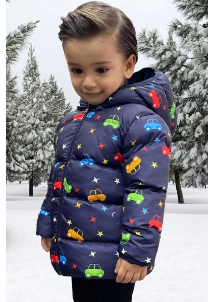 Spor Erkek Çocuk Polarlı Kapüşonlu Araba Yıldız Ay Desenli Şişme Mont Parka modelleri