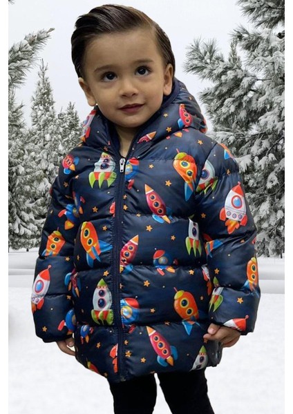 Erkek Çocuk Polarlı Kapüşonlu Roket Desenli Kışlık Şişme Mont & Kaban & Parka