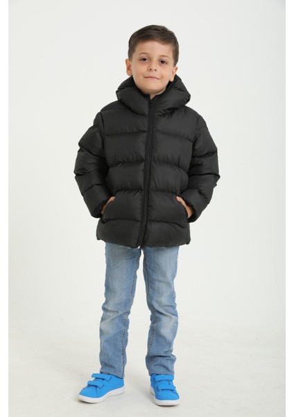 Erkek Çocuk Polarlı Kapüşonlu Su Geçirmez Rüzgara Dayanıklı Cepli Şişme Kışlık Mont