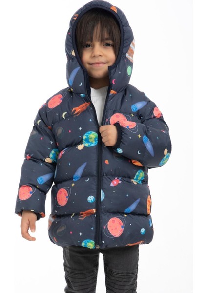 Erkek Çocuk Polarlı Kapüşonlu Gezegen Yıldız Desenli Kışlık Şişme Mont & Kaban & Parka