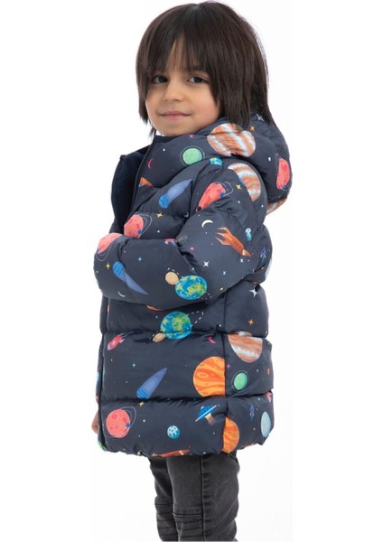 Erkek Çocuk Polarlı Kapüşonlu Gezegen Yıldız Desenli Kışlık Şişme Mont & Kaban & Parka