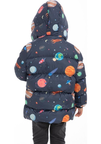 Erkek Çocuk Polarlı Kapüşonlu Gezegen Yıldız Desenli Kışlık Şişme Mont & Kaban & Parka