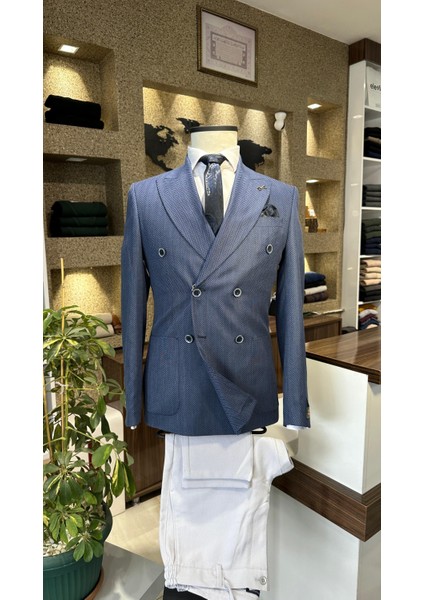 Lacivert Kruvaze Slim Fit Erkek Ceket (Astarsız)